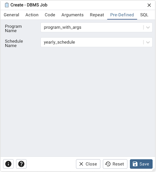 DBMS Job dialog predefined tab