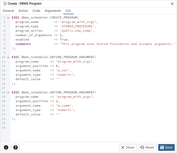 DBMS Program dialog sql tab