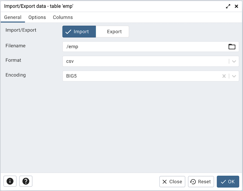 Import Export data dialog general tab