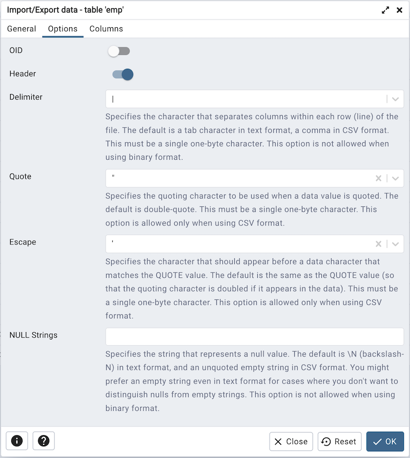 Import Export data dialog options tab