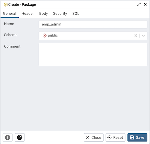 Package dialog general tab