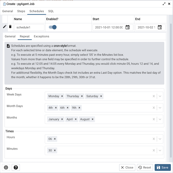 pgAgent dialog schedule repeat tab