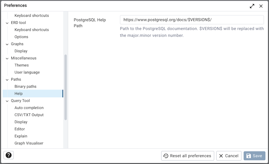 Preferences dialog binary path help section