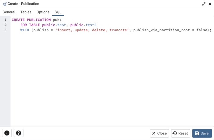 Publication dialog sql tab