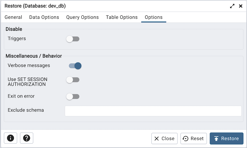 Restore dialog miscellaneous section