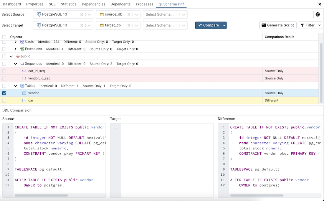 Schema diff DDL comparison