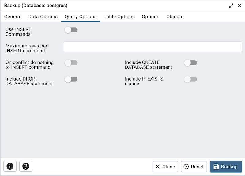 Queries option on backup dialog