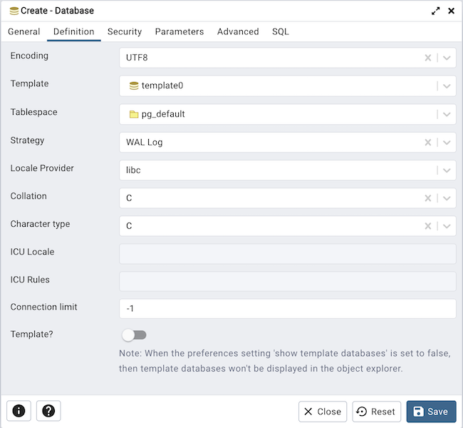 Database dialog definition tab