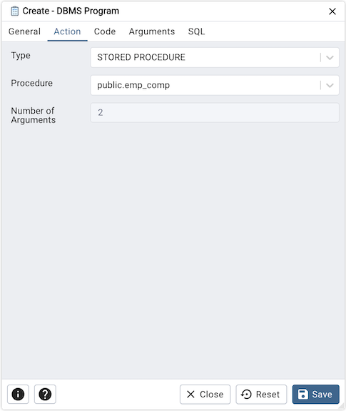 DBMS Program dialog action tab