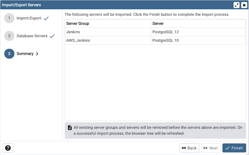 Import/Export Servers step three page