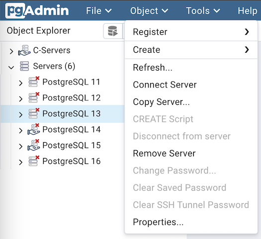 pgAdmin object menu bar