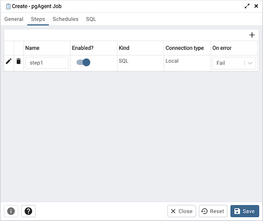 pgAgent dialog steps tab
