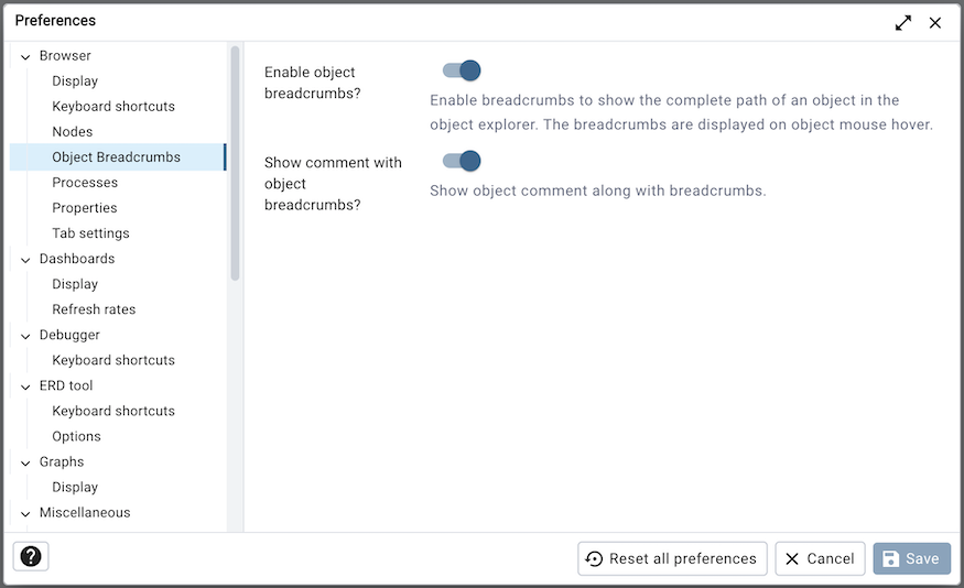 Preferences dialog object breadcrumbs section