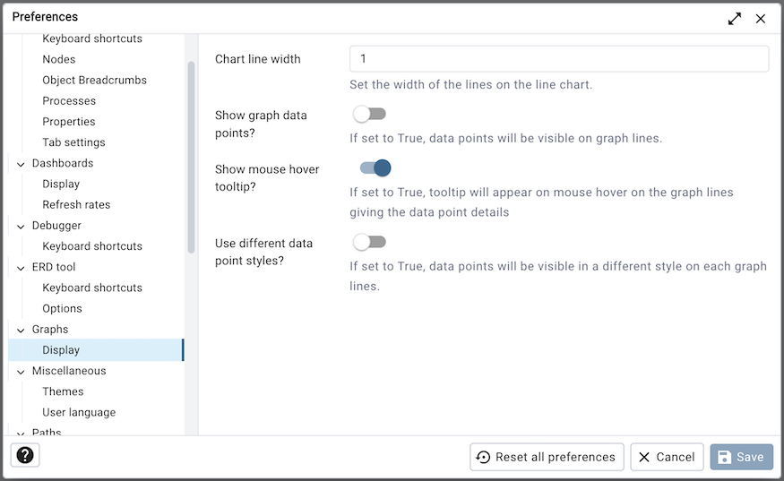 Preferences dialog dashboard graph options