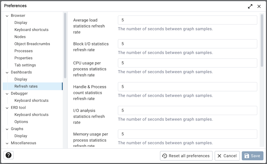 Preferences dialog dashboard refresh options