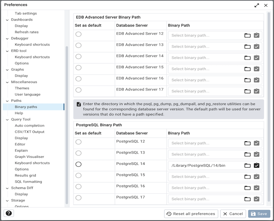 Preferences dialog binary path section