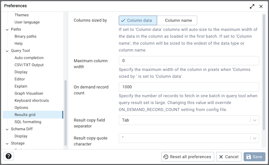 Preferences dialog sql results grid section