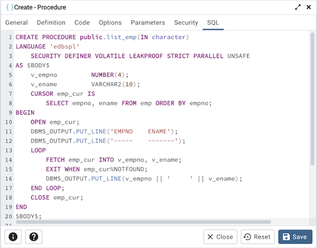 Procedure dialog sql tab