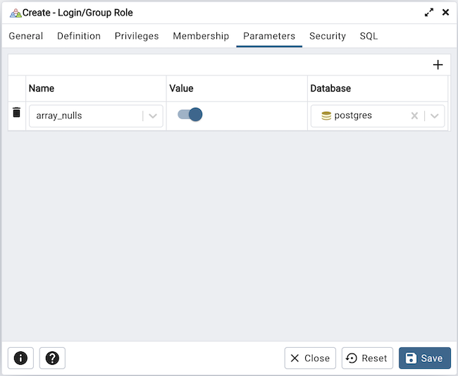 Role dialog parameters tab