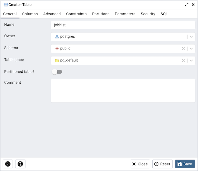 Table dialog general tab