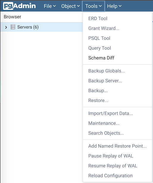 pgAdmin tools menu bar