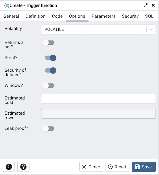 Trigger function dialog options tab